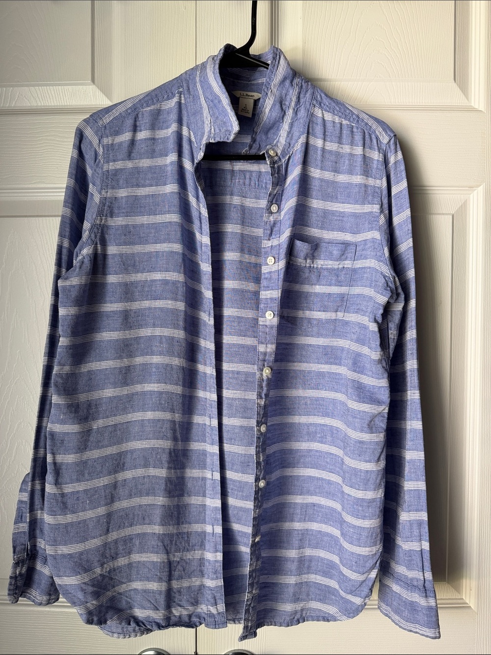 L.L. Bean Blue 100% linen Striped Button-Up Shirt